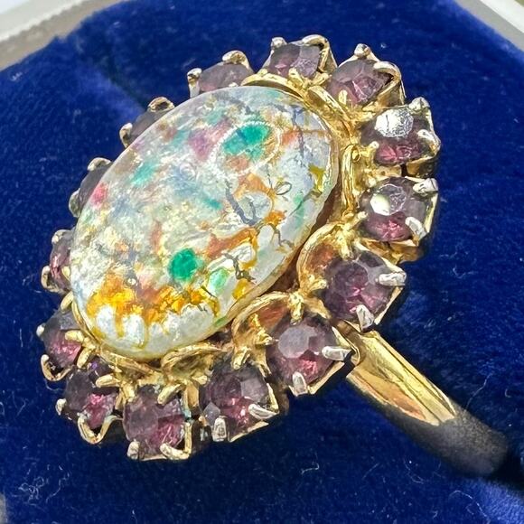 Vintage 1950s gold tone art glass cabochon rhinestones adjustable cocktail ring - Picture 1 of 8